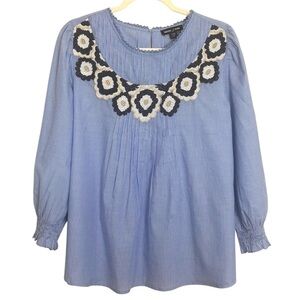 Nautica Jeans Blue Cotton Embroidered Smocked Sleeve Top Women’s Large Preppy